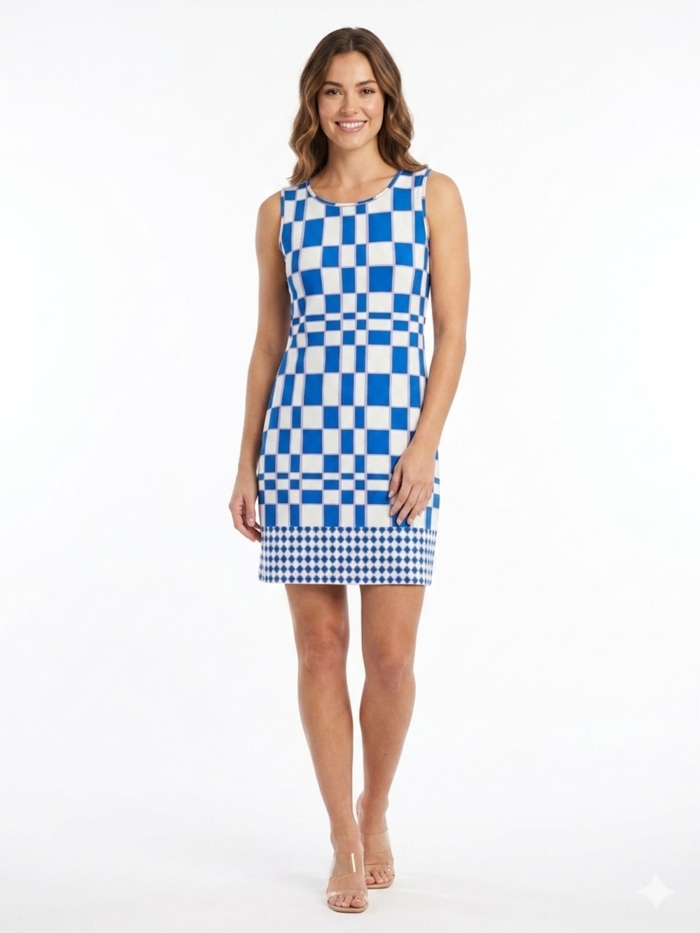 Sleeveless Blue and White Check Sheath Dress